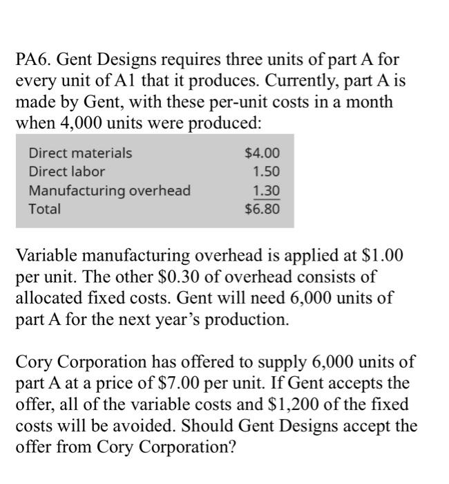 PA6. Gent Designs requires three units of part A forevery unit of A1 that it produces. Currently, part A ismade by Gent, wi