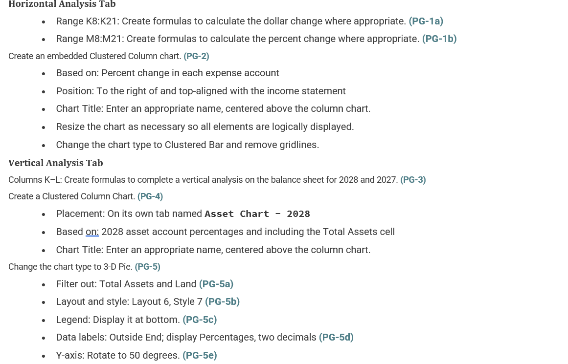 . . Horizontal Analysis Tab Range K8:K21: Create formulas to calculate the dollar change where appropriate. (PG-1a) Range M8:
