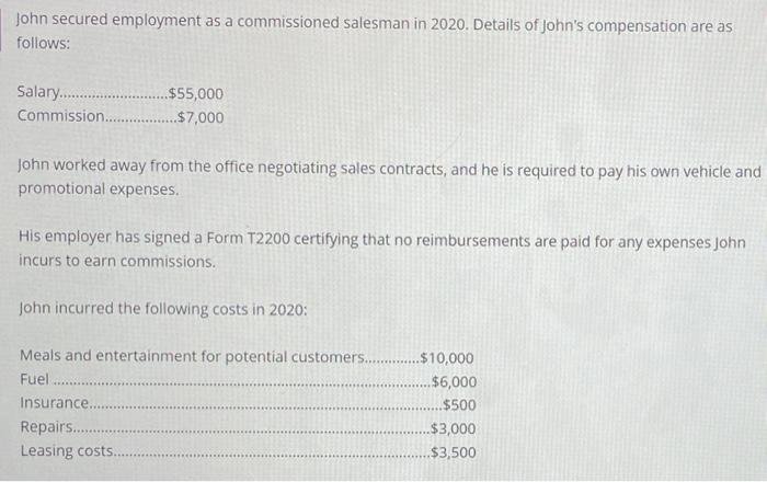 John secured employment as a commissioned salesman in 2020. Details of Johns compensation are as follows: Salary...... $55,0