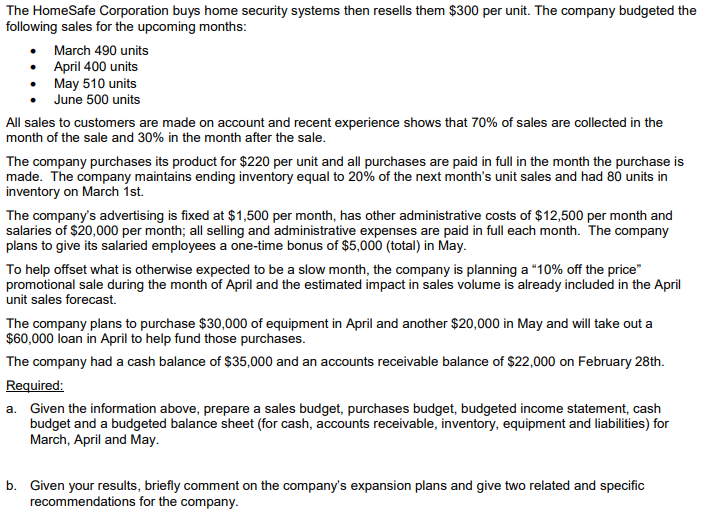 The Home Safe Corporation buys home security systems then resells them $300 per unit. The company budgeted the following sale