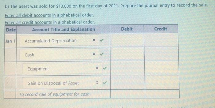 b) The asset was sold for $13,000 on the first day of 2021. Prepare the journal entry to record the sale.Enter all debit acc