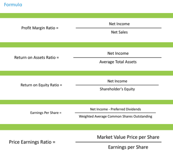 FormulaProfit Margin Ratio =Net IncomeNet SalesReturn on Assets Ratio =Net IncomeAverage Total AssetsReturn on Equity