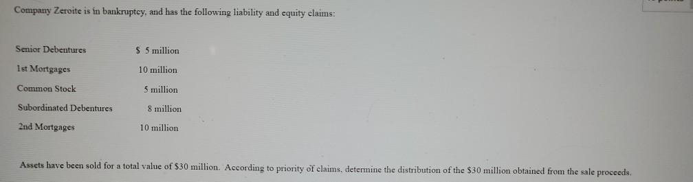 Company Zeroite is in bankruptcy, and has the following liability and equity claims:Senior Debentures$ 5 million1st Mortga