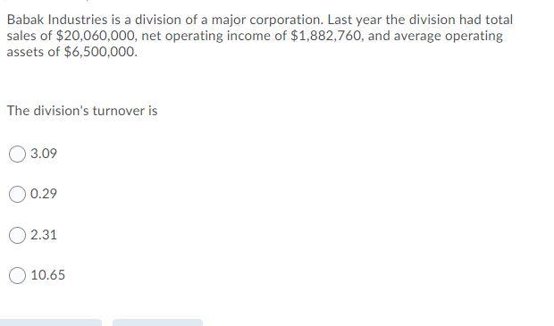 Babak Industries is a division of a major corporation. Last year the division had totalsales of $20,060,000, net operating i