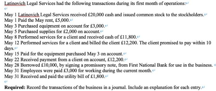 Latinovich Legal Services had the following transactions during its first month of operations:May 1 Latinovich Legal Service