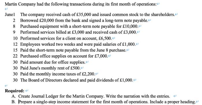 Martin Company had the following transactions during its first month of operations:Junel The company received cash of ?35,00