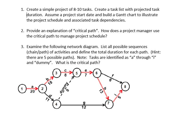 1. Create a simple project of 8-10 tasks. Create a task list with projected task duration. Assume a project start date and build a Gantt chart to illustrate the project schedule and associated task dependencies. 2. Provide an explanation of critical path. How does a project manager use the critical path to manage project schedule? 3. Examine the following network diagram. List all possible sequences (chain/path) of activities and define the total duration for each path. (Hint: there are 5 possible paths). Note: Tasks are identified as a through  and dummy. What is the critical path? 1 2 20 4 12