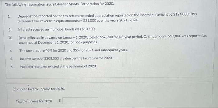 The following information is available for Monty Corporation for 2020,12.3.Depreciation reported on the tax return exceed