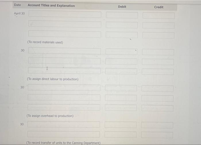 DateAccount Titles and ExplanationDebitCreditApril 30(To record materials used)30(To assign direct labour to productio