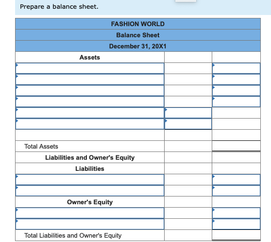 Prepare a balance sheet.FASHION WORLDBalance SheetDecember 31, 20X1AssetsTotal AssetsLiabilities and Owners EquityLia