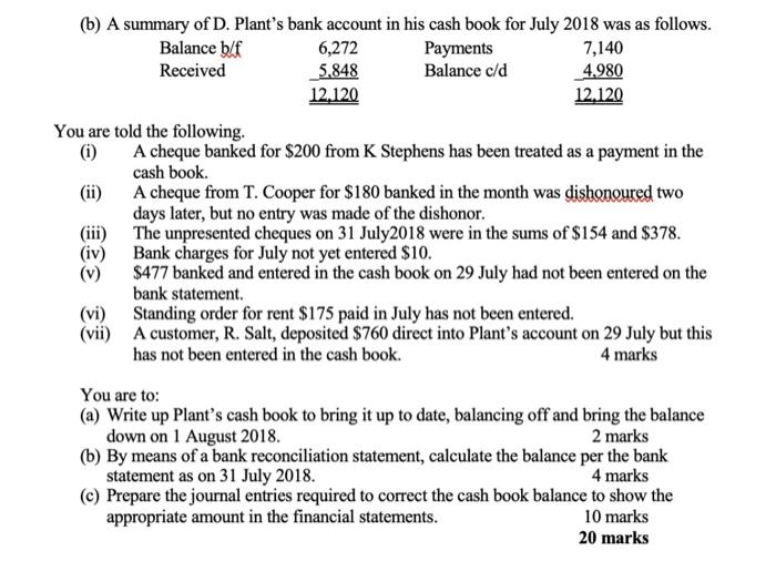 (b) A summary of D. Plants bank account in his cash book for July 2018 was as follows.Balance blf 6,272 Payments7,140Rece