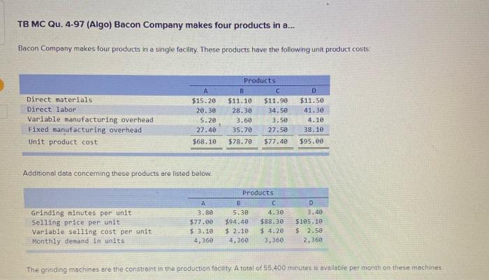 TB MC Qu. 4.97 (Algo) Bacon Company makes four products in a...Bacon Company makes four products in a single facility. These