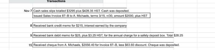 TransactionsNov 7 Cash sales slips totalled $3295 plus $428.35 HST. Cash was deposited.Issued Sales invoice 87-B to A. Mich