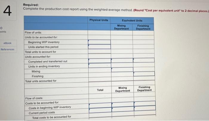 4Required:Complete the production cost report using the weighted-average method. (Round Cost per equivalent unit to 2 dec