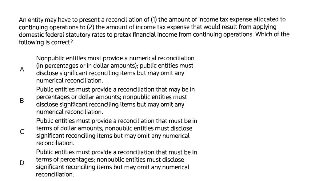 An entity may have to present a reconciliation of (1) the amount of income tax expense allocated tocontinuing operations to