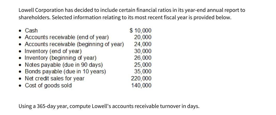 Lowell Corporation has decided to include certain financial ratios in its year-end annual report toshareholders. Selected in
