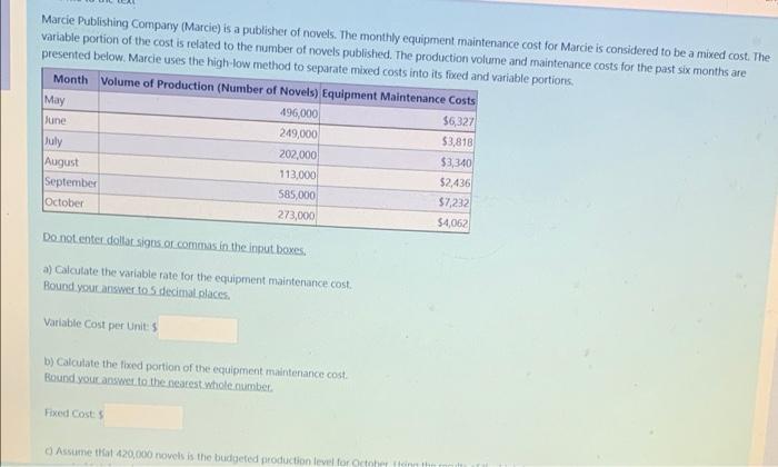 Marcie Publishing Company (Marcie) is a publisher of novels. The monthly equipment maintenance cost for Marcie is considered