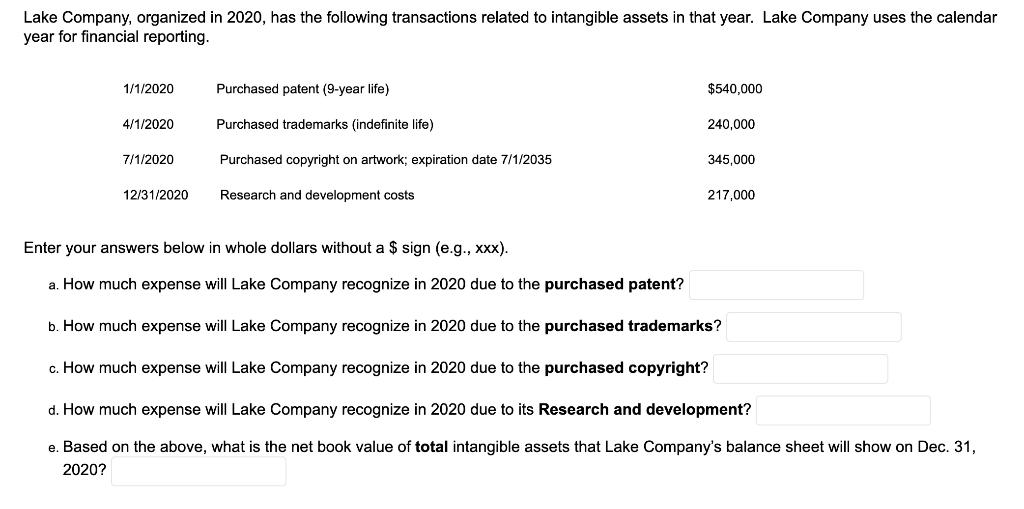 Lake Company, organized in 2020, has the following transactions related to intangible assets in that year. Lake Company uses