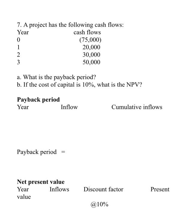 7. A project has the following cash flows:Yearcash flows0(75,000)120,000230,000350,000a. What is the payback perio