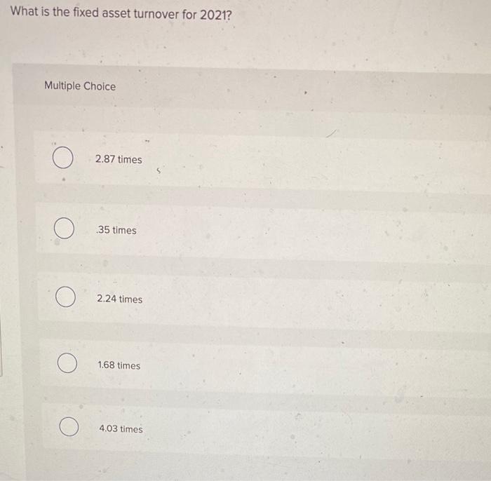 What is the fixed asset turnover for 2021?Multiple Choice2.87 timesO.35 times2.24 times1.68 times4.03 times