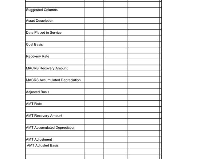 Suggested ColumnsAsset DescriptionDate Placed in ServiceCost BasisRecovery RateMACRS Recovery AmountMACRS Accumulated D