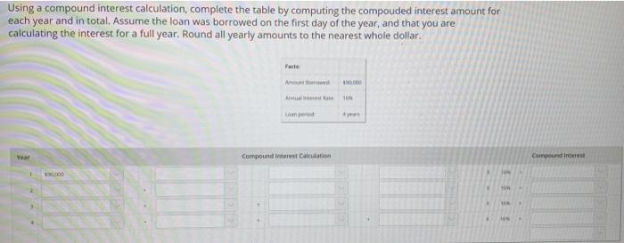 Using a compound interest calculation, complete the table by computing the compouded interest amount foreach year and in tot