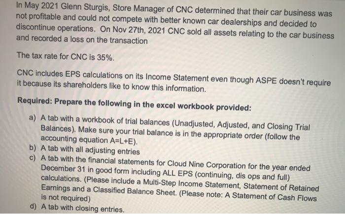 In May 2021 Glenn Sturgis, Store Manager of CNC determined that their car business wasnot profitable and could not compete w