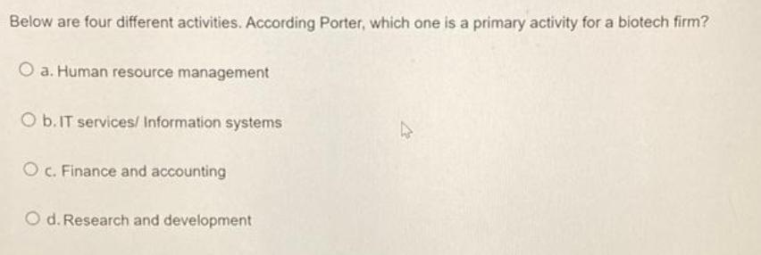 Below are four different activities. According Porter, which one is a primary