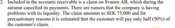 2. Included in the accounts receivable is a claim on Svanen AB, which during the autumn cancelled its payments. There are rum