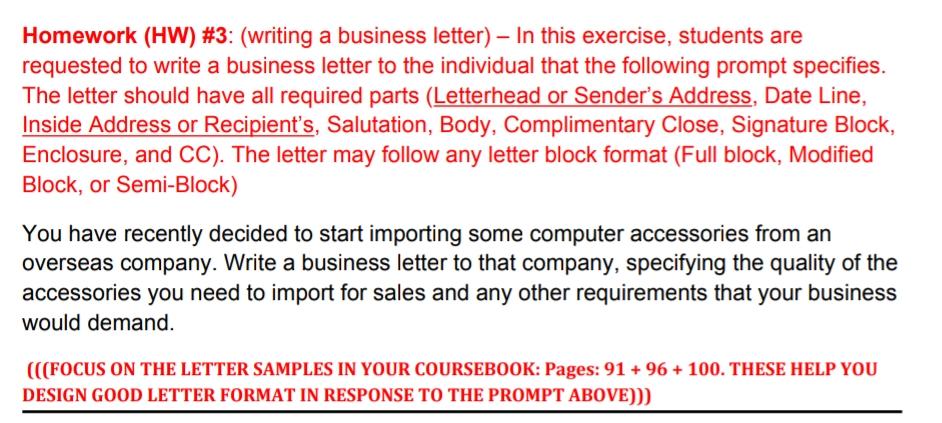 Homework (HW) #3: (writing a business letter) - In this exercise, students