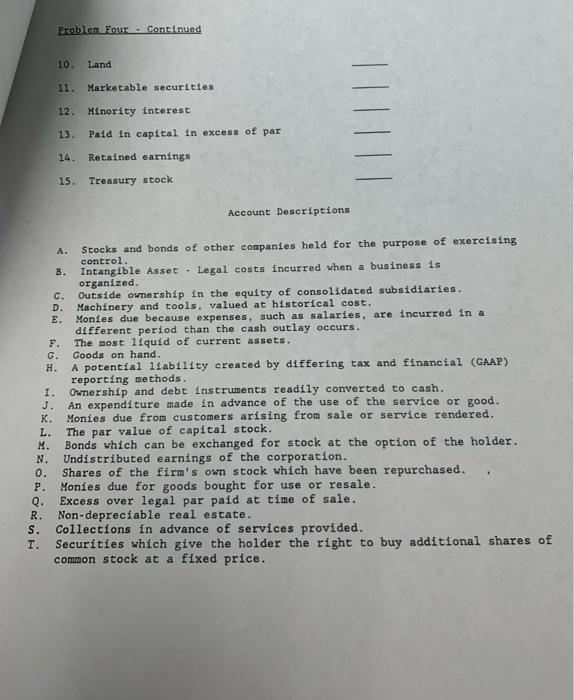 Problem Four - Continued 10. Land 11. Marketable securities 12. Minority interest ||||| 13. Paid in capital in excess of par