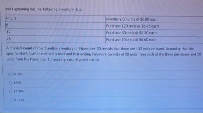 Jedi Lightening has the following inventory dataNov. 18Inventory 30 units @ $6.00 eachPurchase 120 units @ $6.45 eachPur