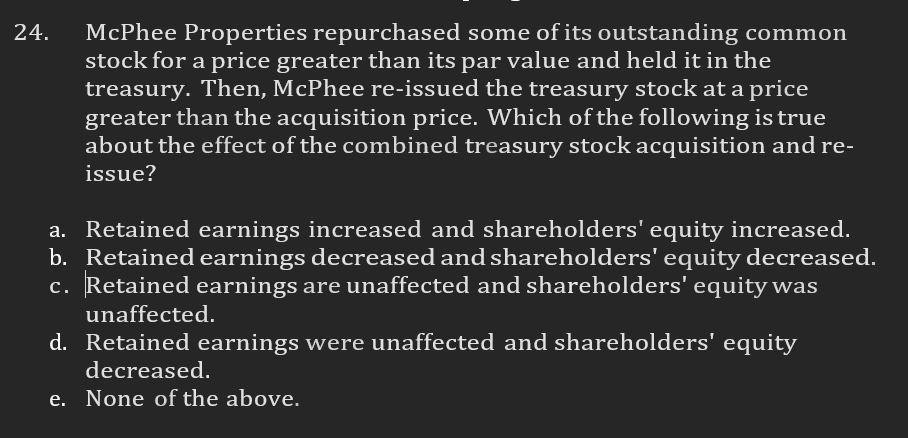 24.McPhee Properties repurchased some of its outstanding commonstock for a price greater than its par value and held it in