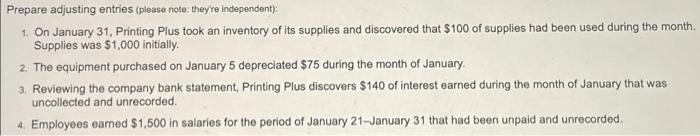 Prepare adjusting entries (please note: theyre independent)1. On January 31. Printing Plus took an inventory of its supplie