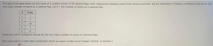 The data in the table below are the result of a random survey of 39 national flags (with replacement between picks) from vari