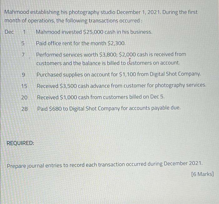 Mahmood establishing his photography studio December 1, 2021. During the firstmonth of operations, the following transaction