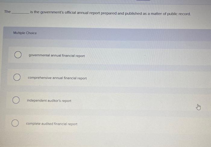 Theis the governments official annual report prepared and published as a matter of public recordMultiple Choicegovernment