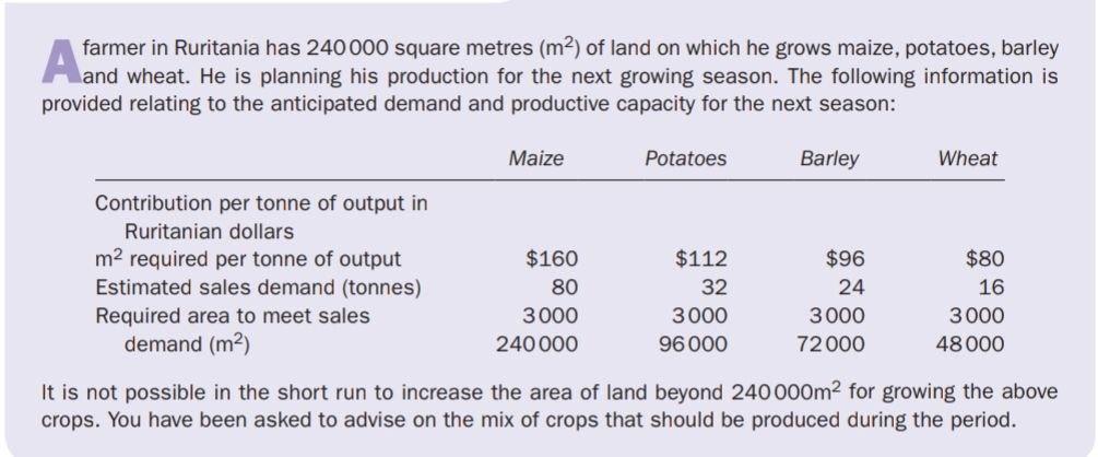 farmer in Ruritania has 240 000 square metres (m2) of land on which he grows maize, potatoes, barleyand wheat. He is plannin