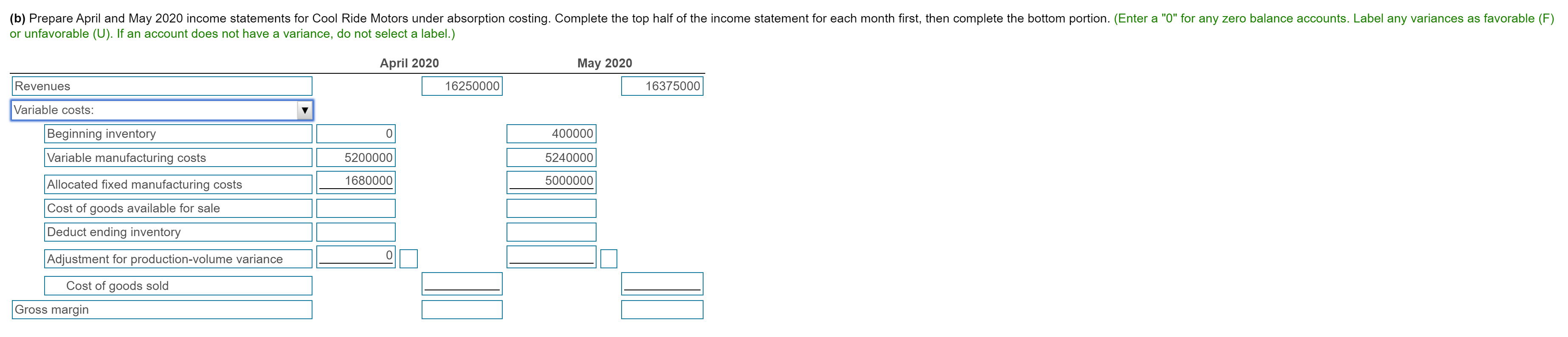 (b) Prepare April and May 2020 income statements for Cool Ride Motors under absorption costing. Complete the top half of the