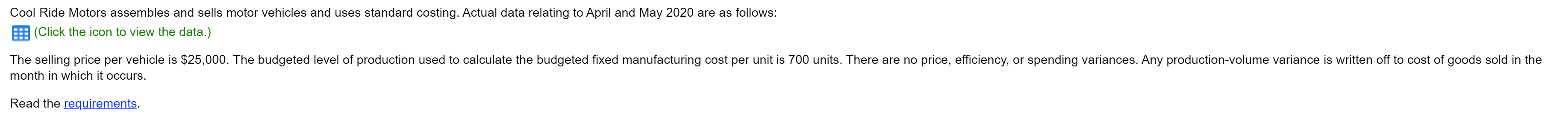 Cool Ride Motors assembles and sells motor vehicles and uses standard costing. Actual data relating to April and May 2020 are