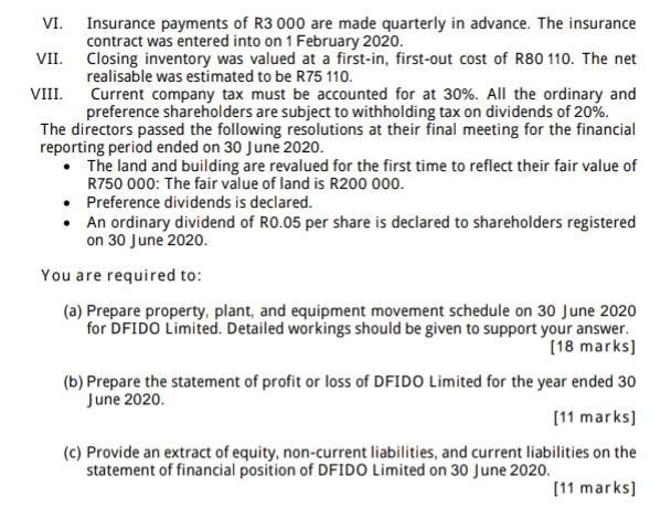 VI. Insurance payments of R3 000 are made quarterly in advance. The insurance contract was entered into on 1 February 2020. V