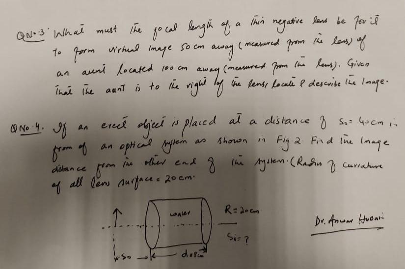 Q No 4. If a QN0-3 INthat must the focal length of. 10 virtual 50 cm form Image away. aunt located 100 cm. an