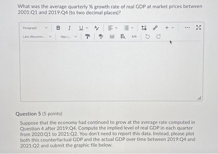 What was the average quarterly % growth rate of real GDP at market prices between2001:Q1 and 2019:04 (to two decimal places)