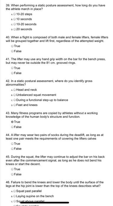 39. When performing a static posture assessment, how long do you havethe athlete march in place?40 10-20 steps2010 seconds