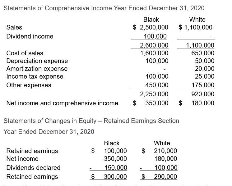 Statements of Comprehensive Income Year Ended December 31, 2020 Black White Sales $ 2,500,000 $ 1,100,000 Dividend income 100