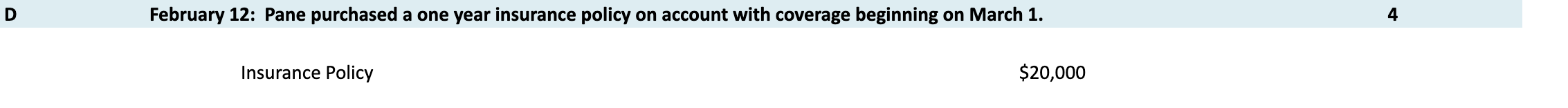 DFebruary 12: Pane purchased a one year insurance policy on account with coverage beginning on March 1.4Insurance Policy$