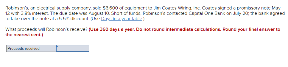 Robinsons, an electrical supply company, sold $6,600 of equipment to Jim Coates Wiring, Inc. Coates signed a promissory note