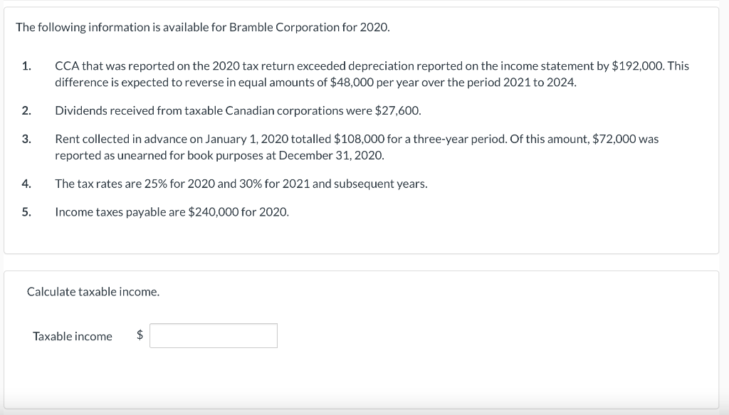 The following information is available for Bramble Corporation for 2020.1.CCA that was reported on the 2020 tax return exce