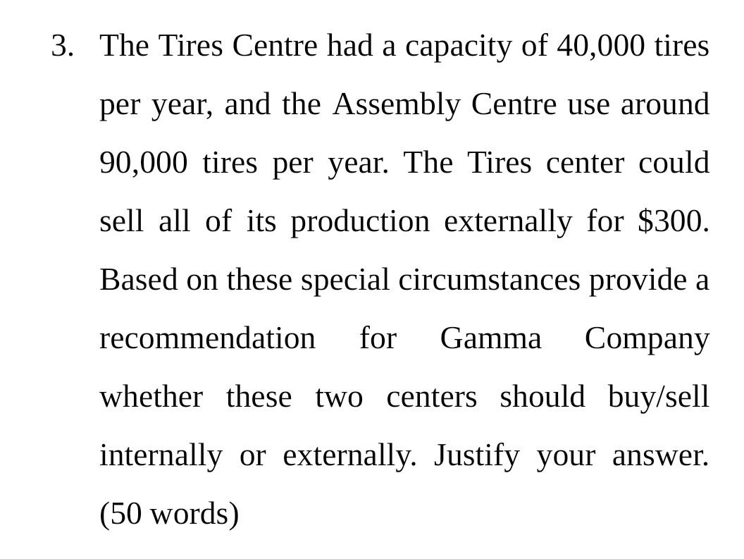 3. The Tires Centre had a capacity of 40,000 tiresper year, and the Assembly Centre use around90,000 tires per year. The Ti