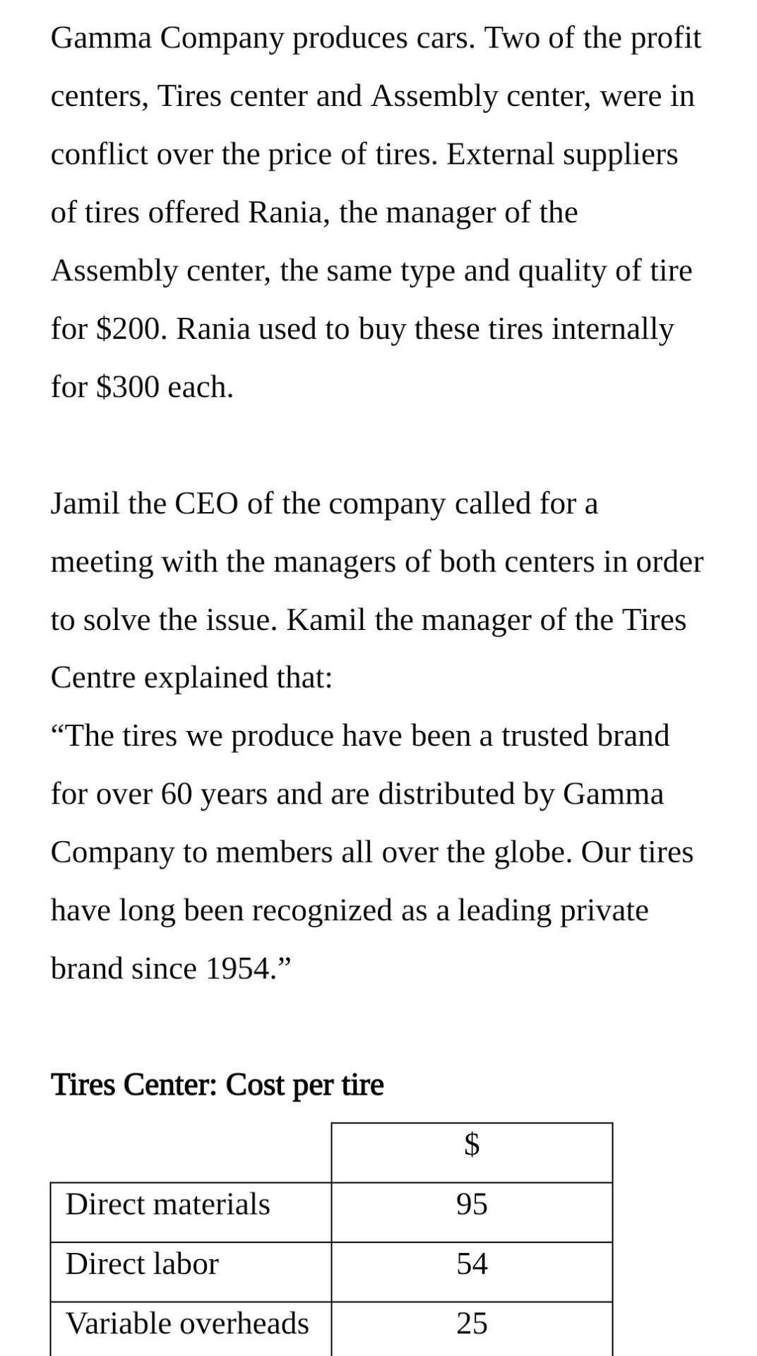 Gamma Company produces cars. Two of the profitcenters, Tires center and Assembly center, were inconflict over the price of